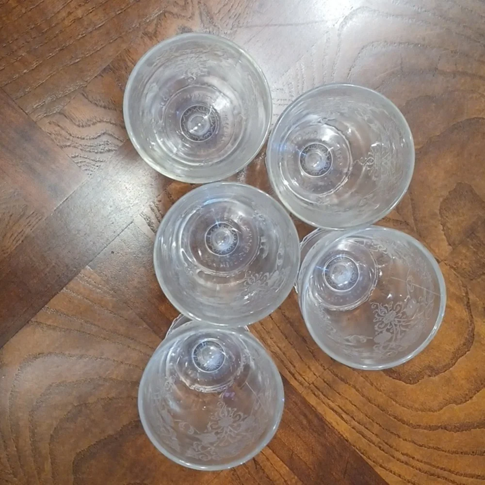 VINTAGE, JUICE, WINE OR DESSERT GLASSWARE, BEAUTIFULLY ETCHED.